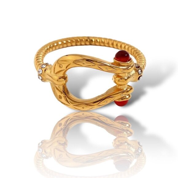 NWT Buckle Ring Sz.8 18K Gold Plated Red Zircon CZ Detail Boho Western - Picture 4 of 10